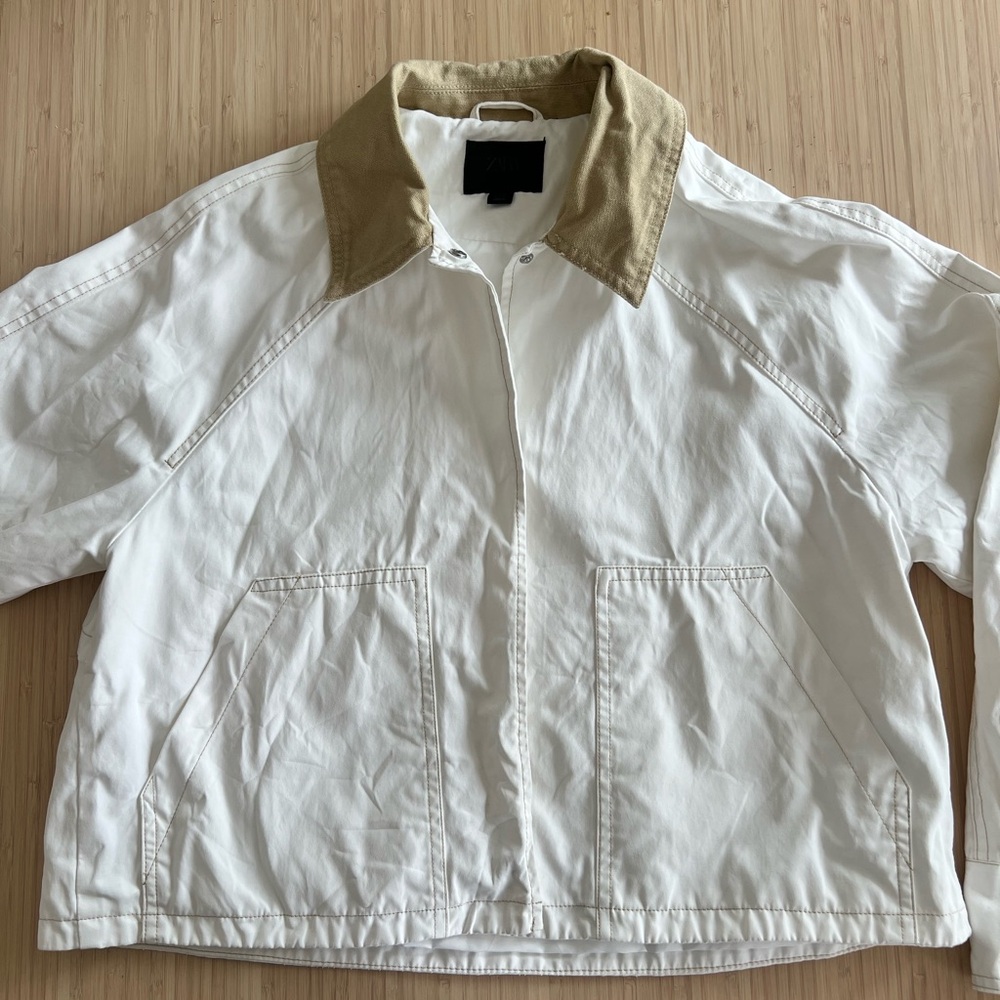 Zara White and Tan Barn Jacket / Chore Coat